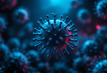Abstract Representation of Coronavirus or Flu Virus in a Dark Blue Environment