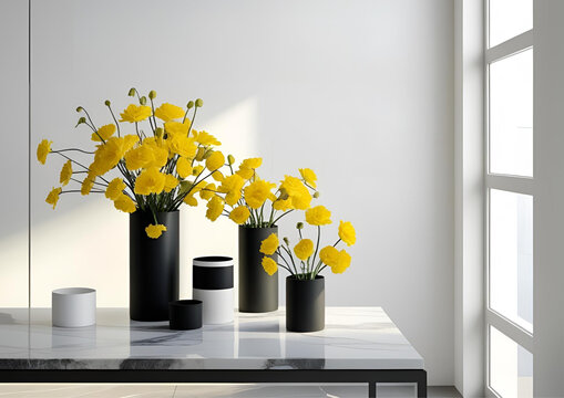 Modern Minimalist Home Decor: Black and White Containers with Yellow Flowers on a Marble Table
