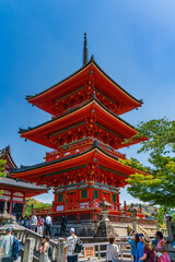 Naklejka premium Three storied (Sanju-no-to ) Pagoda of Kiyomizu-dera in Kyoto, Japan