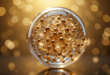 Abstract Alchemy: Golden Molecules Glistening Inside a Spherical Container