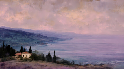 luxury travel catalogue | divine landscape | sublime calm | gold and lavender | layered atmospheric depth | serene coastlines | soft architectural silhouette | chiaroscuro layering | golden age