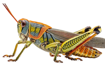 A vibrant close-up shot of a colorful grasshopper, highlighting its intricate details.