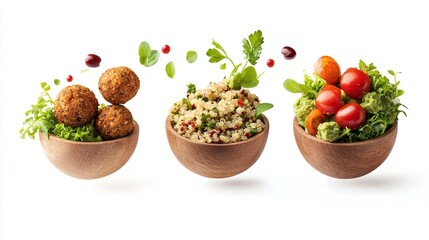 Three wooden bowls, levitating, hold healthy food; falafel, quinoa salad, and a salad with cherry tomatoes
