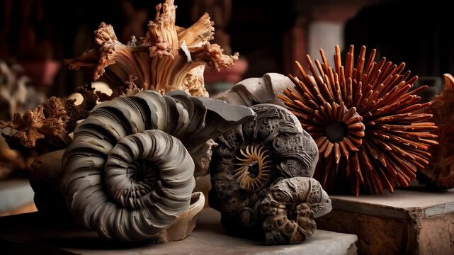 Collection of ammonite fossils and petrified coral arranged on a stone surface featuring intricate details and textured patterns