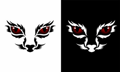 Fierce Tribal Cat Face Design with Red Eyes in Black and White Contrast