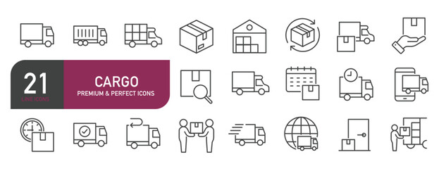 Set of line icons related to cargo, delivery, transport, truck, distribution. Outline icons collection. Editable stroke. Vector illustration