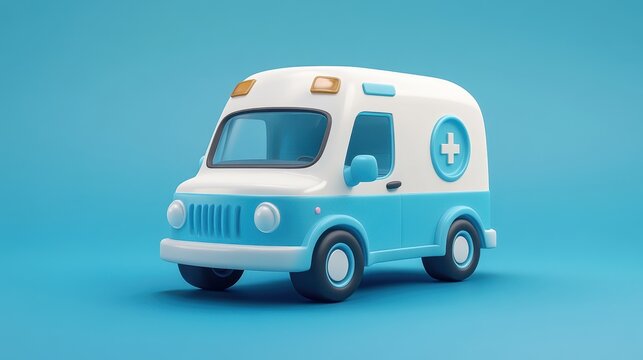 A charming, cartoonish light blue and white ambulance, three-dimensional, sits on a matching blue background