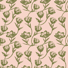 Seamless Pattern with peonies, tulips in sketch style for wrapping paper, textile, girl clothes. Silhouette of Wildflowers peonies, roses and tulips. Botanical print, vintage style. stock graphics