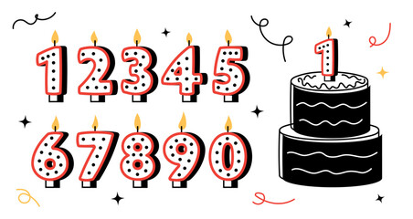 Candle numbers for cake. Birthday cute red icon set for party, invitation, decoration, anniversary event. Fun figures in flat style. Vector illustration isolated on a white background
