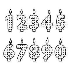 Birthday candles for cake. Black icon set of numbers with halftone effect for greeting cards, designs, anniversaries, celebrations, parties. Vector flat illustration isolated on a white background
