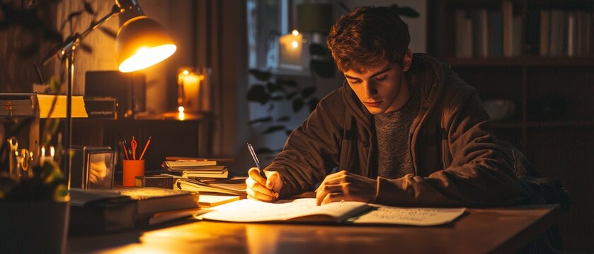Lifestyle portrait daily life home nighttime study session desk lamp glow focused student open notebook handwritten notes authentic dedication storytelling soft shadows depth clarity tranquil