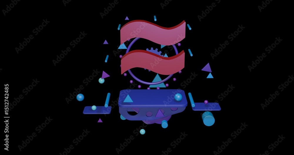 Poster red approximately equal symbol on a pedestal of abstract geometric shapes floating in the air. abstr