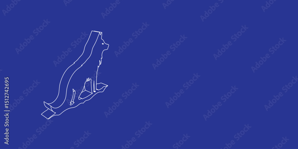 Poster the outline of a large wild wolf symbol made of white lines on the left. 3d view of the object in pe