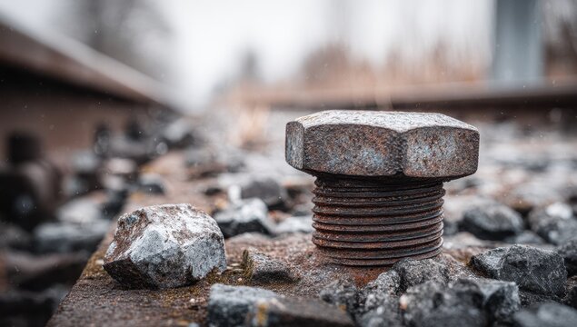 Close-up of a rusty, hexagonal bolt on a railway track, surrounded by gravel and blurred background