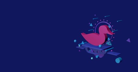 Naklejka premium Pink duck symbol on a pedestal of abstract geometric shapes floating in the air. Abstract concept art with flying shapes on the right. 3d illustration on indigo background