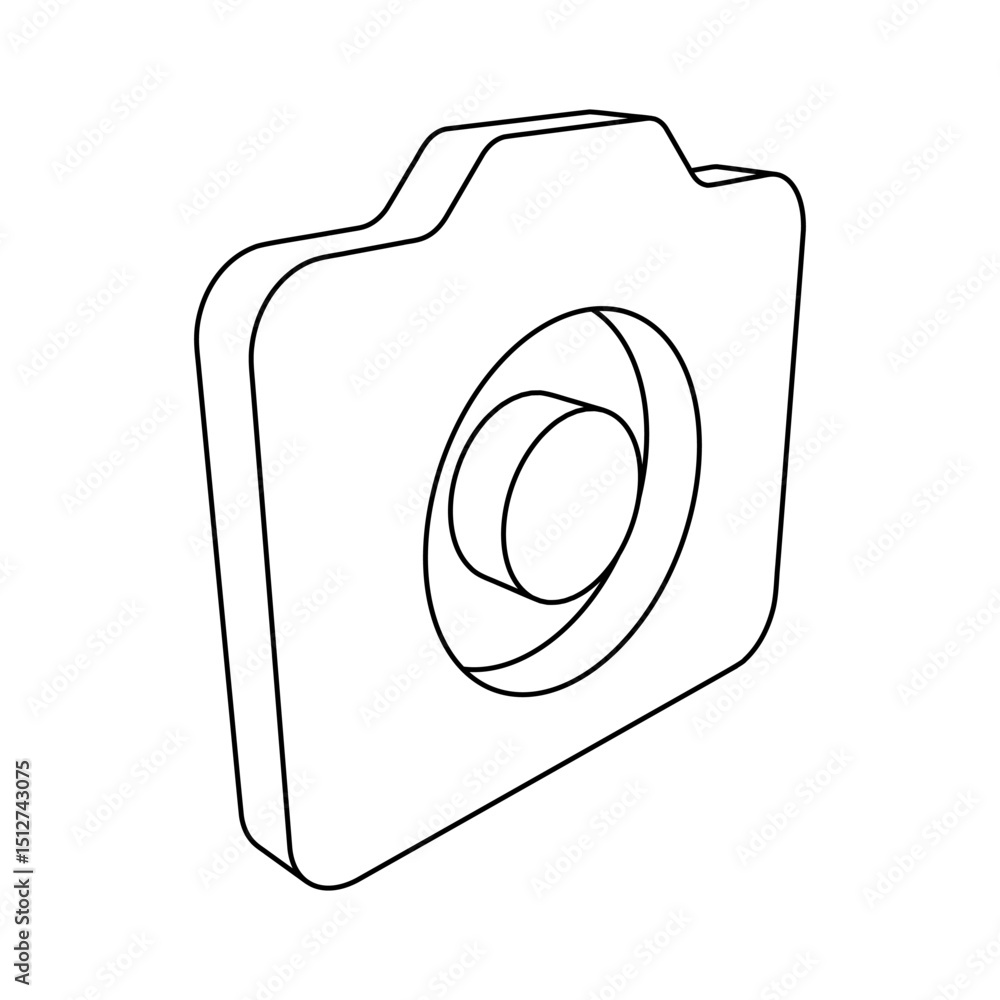Poster the outline of a large photo camera symbol is made with black lines. 3d view of the object in perspe