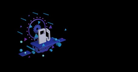White gas station symbol on a pedestal of abstract geometric shapes floating in the air. Abstract concept art with flying shapes on the left. 3d illustration on black background