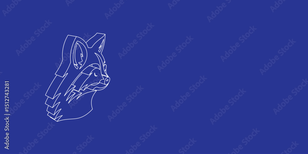 Poster the outline of a large raccoon head symbol made of white lines on the left. 3d view of the object in