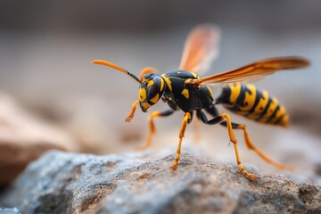 macro of a wasp landing on stone, sharp claws and wings captured mid-move, dramatic color contrast and shallow depth