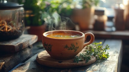 Spiced tea in a clay cup, steam and herbs visible, blurred rustic kitchen background generative ai