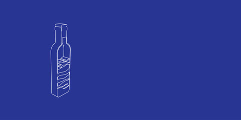 The outline of a large the world in a bottle symbol made of white lines on the left. 3D view of the object in perspective. Vector illustration on indigo background