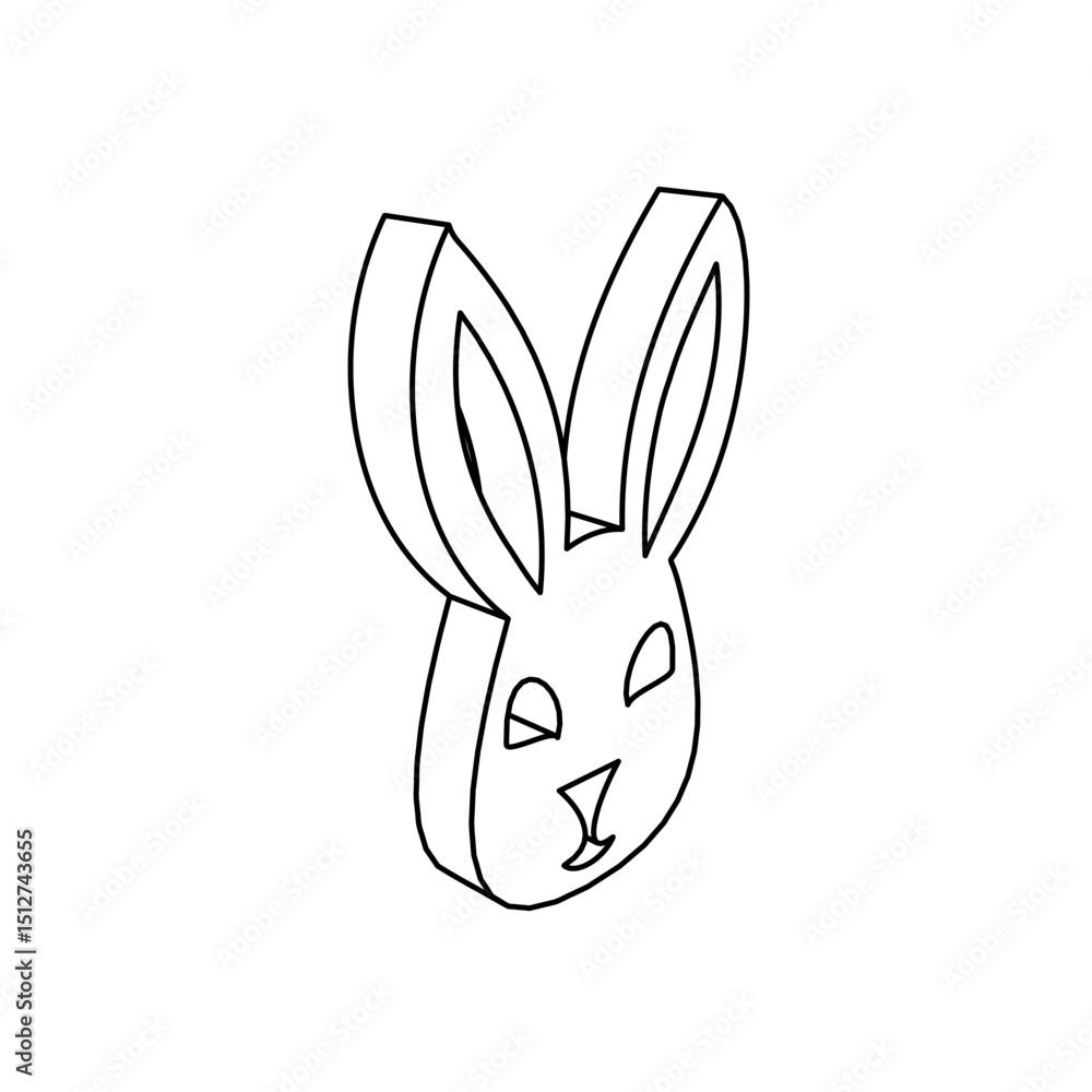Poster the outline of a large cute hare head symbol is made with black lines. 3d view of the object in pers