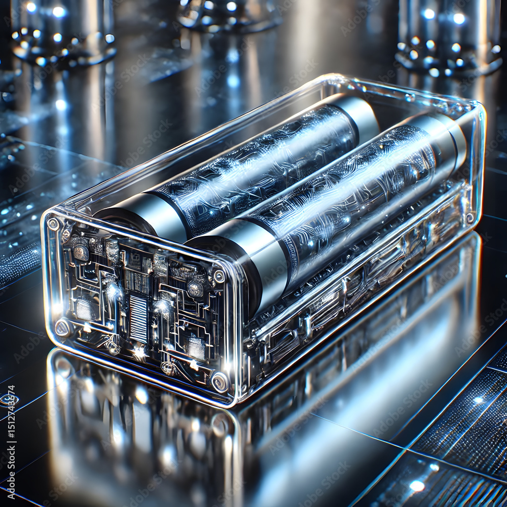 Poster a close-up of two transparent cylinders within a clear, circuit-filled casing, glowing with digital 