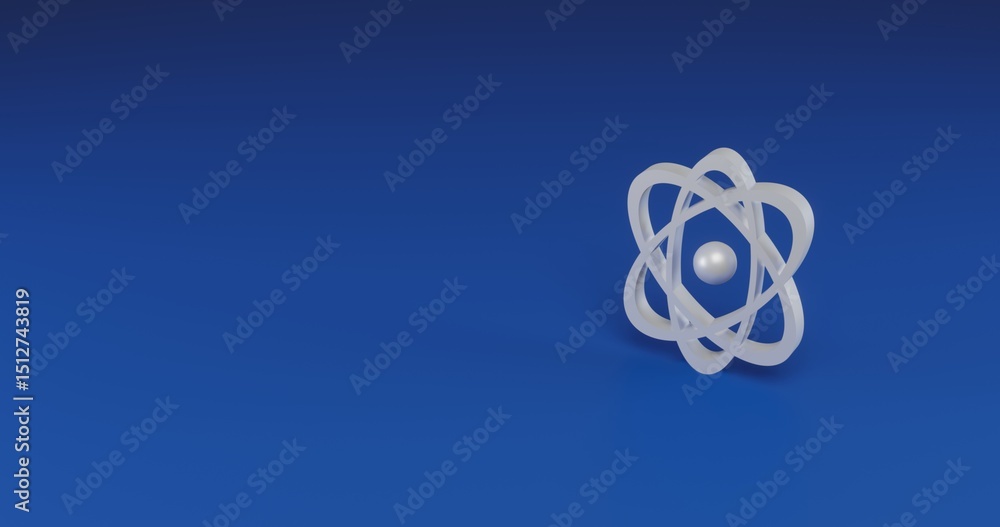 Poster isolated realistic white atomic symbol with shadow. located on the right side of the scene. 3d illus