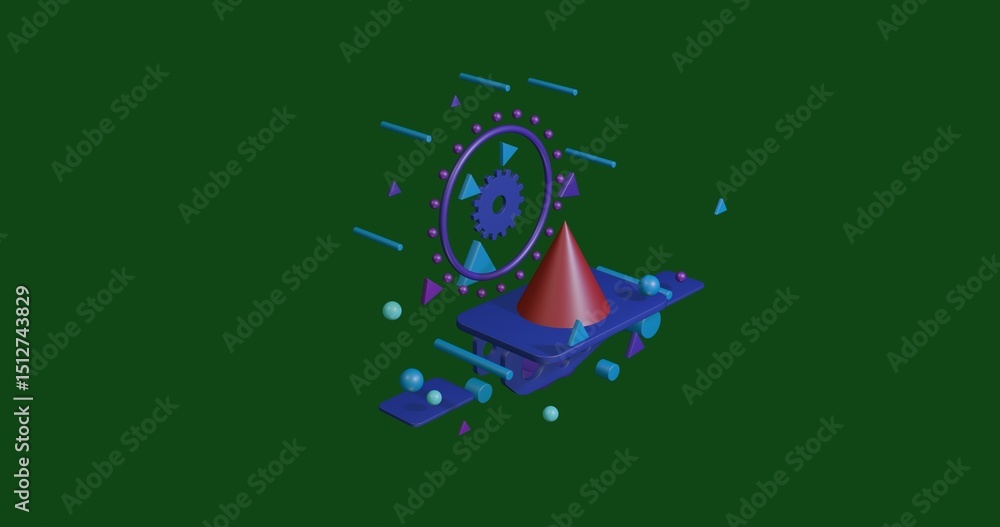 Poster red cone on a pedestal of abstract geometric shapes floating in the air. abstract concept art with f