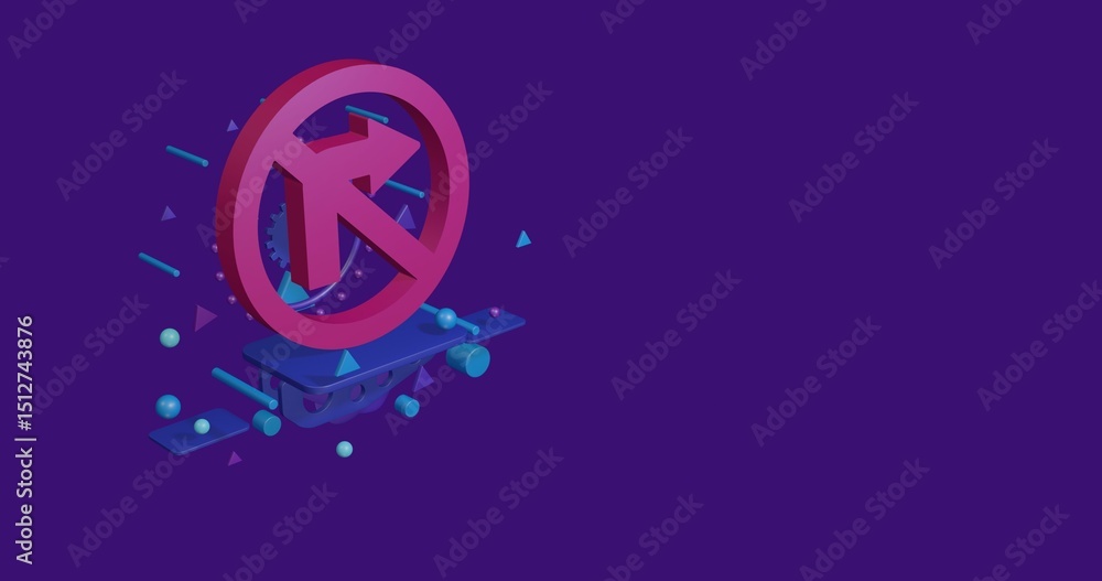 Poster pink no right turn sign on a pedestal of abstract geometric shapes floating in the air. abstract con