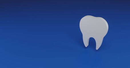 Isolated realistic white tooth symbol with shadow. Located on the right side of the scene. 3d illustration on transparent background