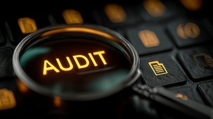Magnifying Glass Highlighting Audit on Keyboard Business Finance and Accounting Concept