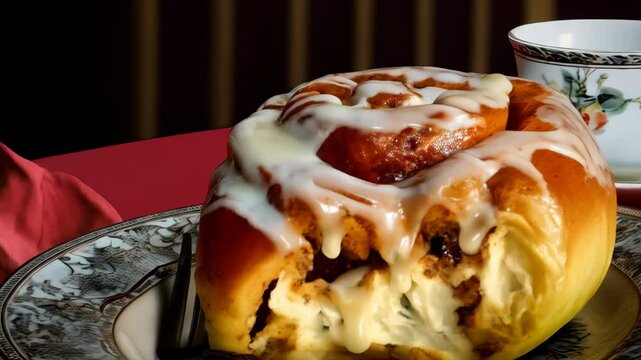 Close up of a cinnamon roll with icing and a cup of coffee or tea on a patterned plate with a fork, dessert