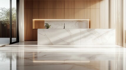 Morning sun illuminates a shiny marble floor in a minimalist kitchen with natural wood accents, generative ai