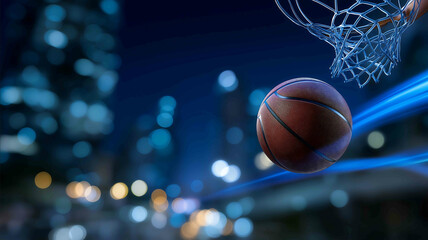 The basketball spins midair against the backdrop of modern tech and timeless connection Working for the benefit of people using copy space