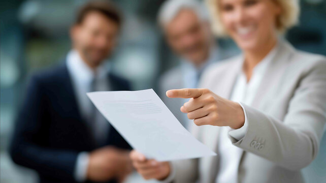 Her hand reaches out to point at a shared document as others lean in Working for the benefit of people using copy space