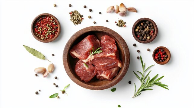 Raw beef cubes in a wooden bowl surrounded by various spices, herbs, and garlic cloves on a white background, viewed from above - Powered by Adobe