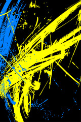 Abstract grunge vector illustration featuring expressive yellow and blue brush strokes and splatters on a black backdrop. Ideal texture for edgy, contemporary designs.