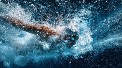 Dynamic Swimmer in a Blue Pool, Splashing Water