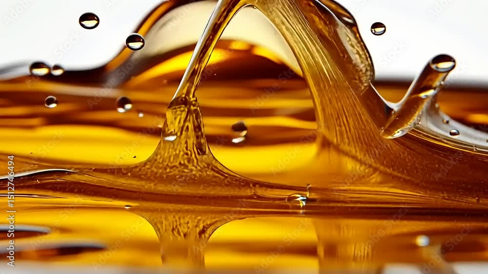 Poster liquid dynamics: slow motion golden splash and bubbles creating unique formations