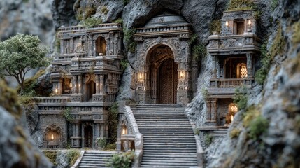 Spectacular Ancient Architecture Carved into Rock Face with Elegant Stairway