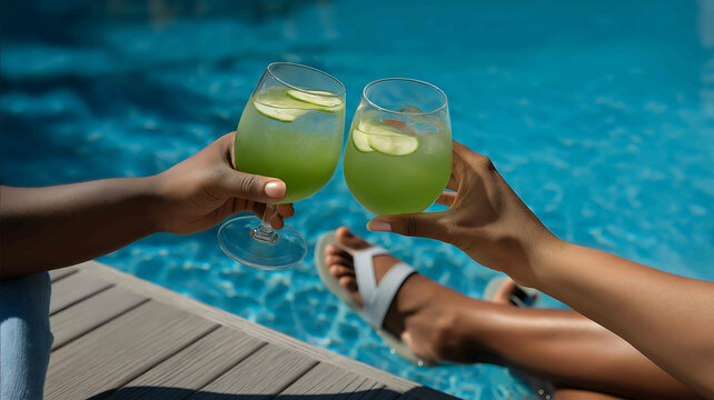 Two friends clinking glasses of cucumber water while dipping their feet into the pool Working for the benefit of people using copy space