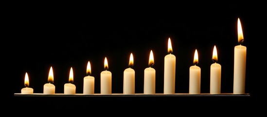 Arrangement of lit candles in ascending height against a dark background