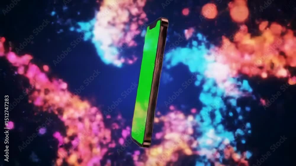 Poster smartphone with green screen floating against a colorful bokeh background for easy replacement and c