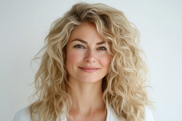 Naklejka premium Blonde woman with voluminous curly hair smiling gently, her hair radiating softness and texture, with a warm expression on her face.