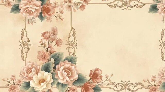 Floral frame with beige background and decorative elements in vintage style design pattern art background texture video