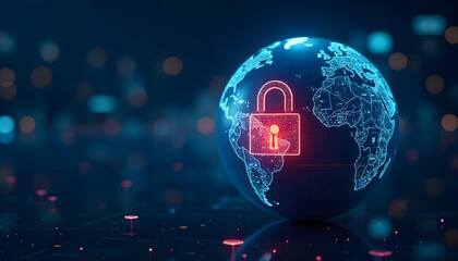 Glowing Red Lock on Digital Globe Representing Cybersecurity Concepts and Data Protection Technology


