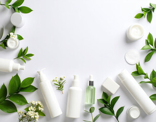Minimalist tableau featuring various body care products, including lotions, serums, and creams, surrounded by fresh green leaves and delicate flowers, creating serene and natural atmosphere