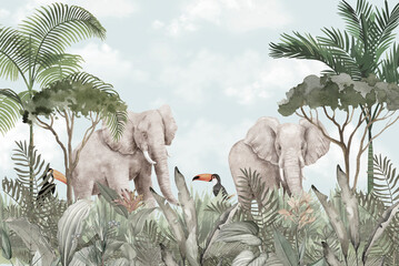 Green Safari Elephant Family Wallpaper: Cute Elephants in Lush Jungle Habitat © csinie1