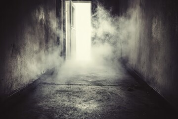 Fototapeta premium A dimly lit hallway, filled with smoke, leads to an open door and bright light. The walls are aged and worn